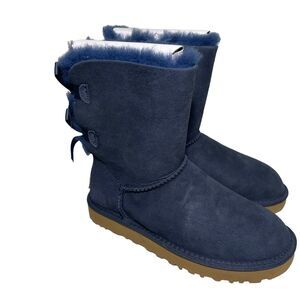 UGG Boots Womens Size 5 Bailey Bow II Navy Blue Suede Leather Short Flat